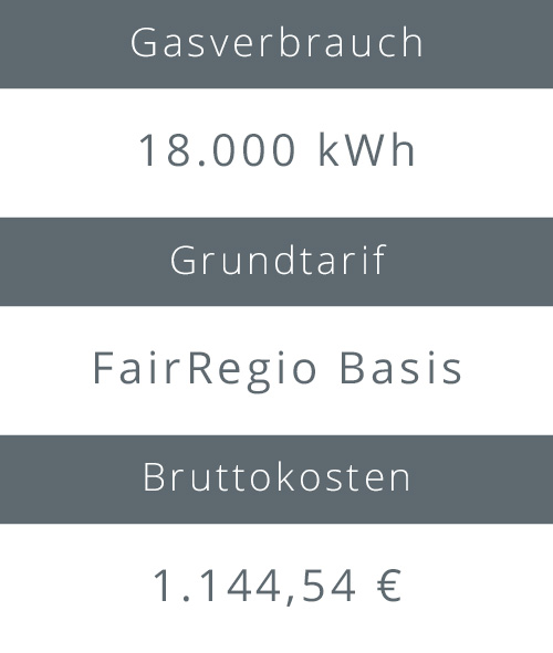 Gasanbieter Köln | Grundversorgung Gasverbrauch, Grundtarif und Bruttokosten des FairRegio Basis Tarifs