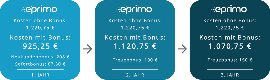 Übersicht der Kosten des Treuetarifs von eprimo über 3 Jahre